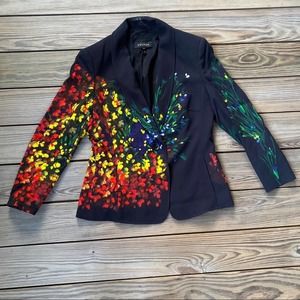 Escada black Blazer with Hand-Painted Red Yellow Green Floral Accents